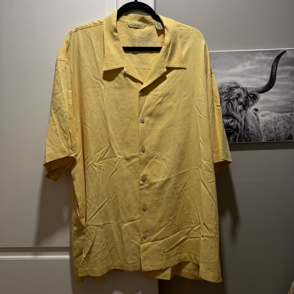 TOMMY BAHAMA  Short Sleeve Button Up Hawaiian Shirt Yellow 100% Silk XXL